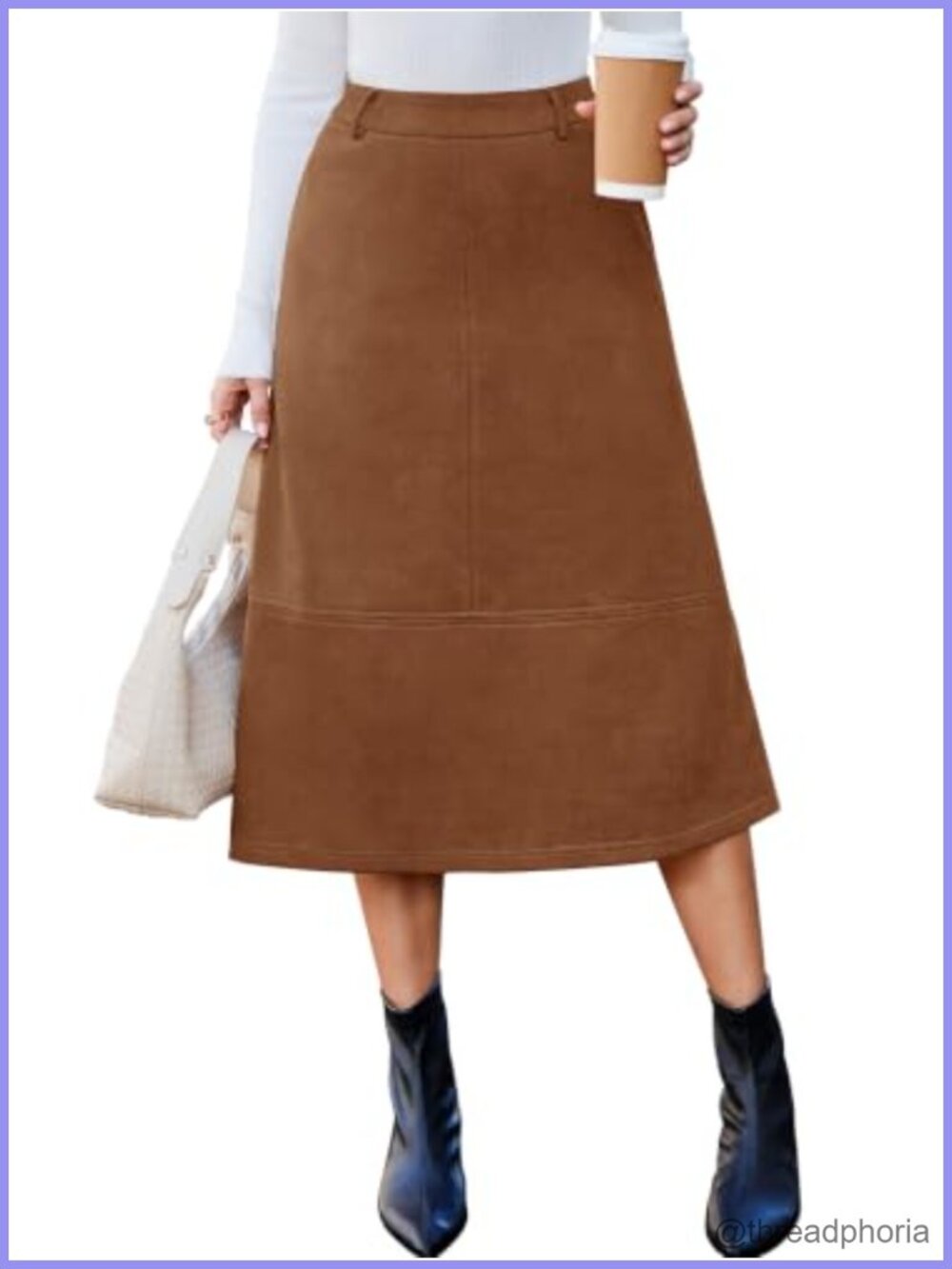 Faux Suede Midi Skirt High Waisted A-Line Pockets Fall Work